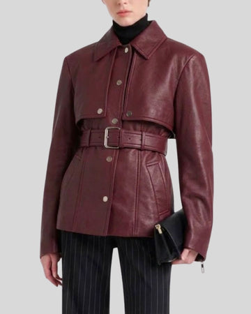 Valenne Burgundy Belted Leather Jacket