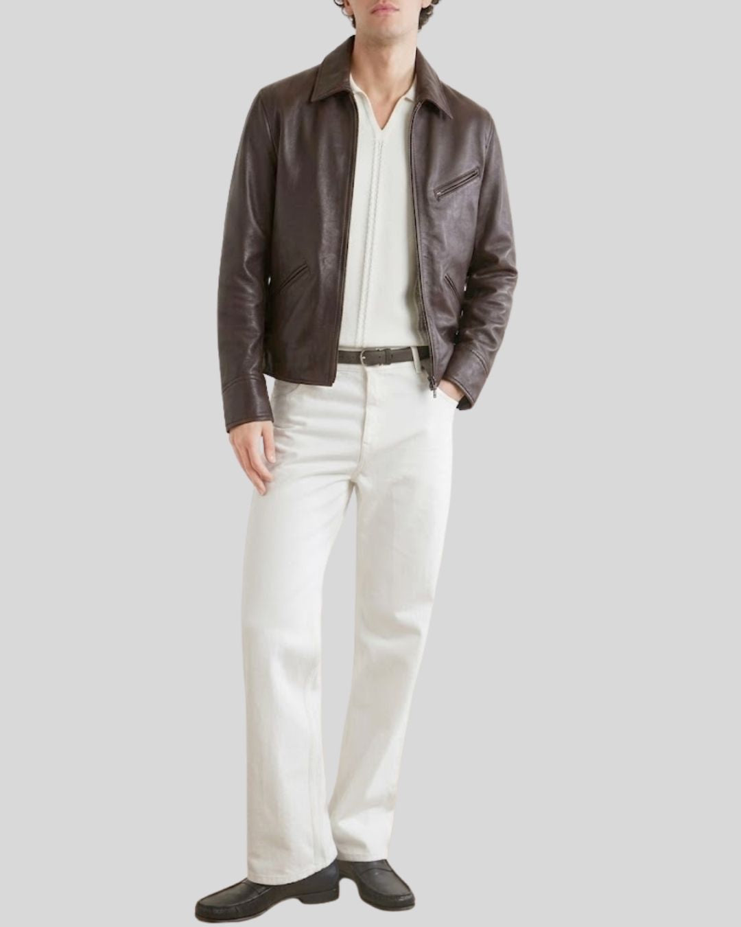 Dark Brown Leather Zip-Up Jacket