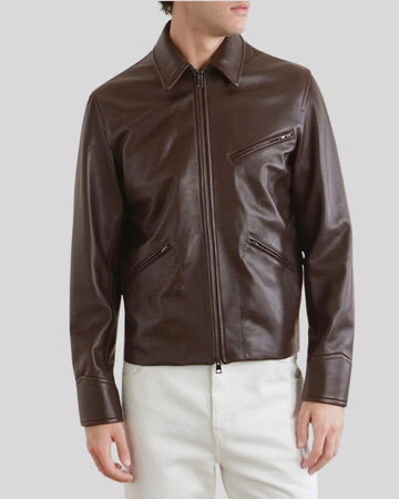 Dark Brown Leather Zip Jacket for Men