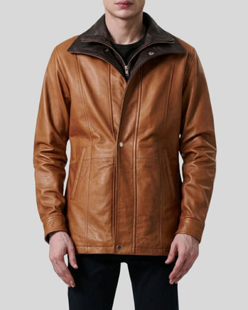 DualLayer Brown Leather Wide Collar Jacket for Men