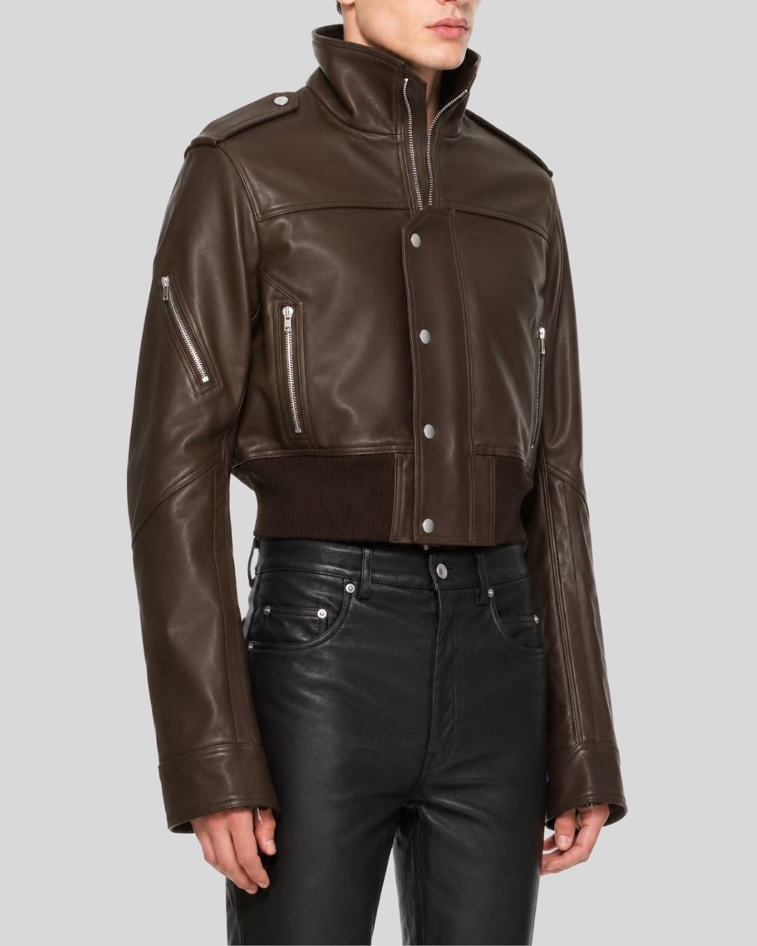 Iron Crest Brown Cropped Leather Jacket