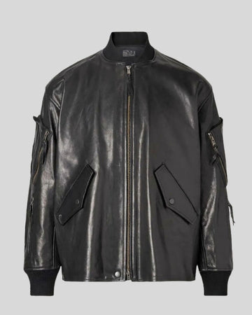 NightCore Black Oversized Leather Utility Bomber Jacket for Men