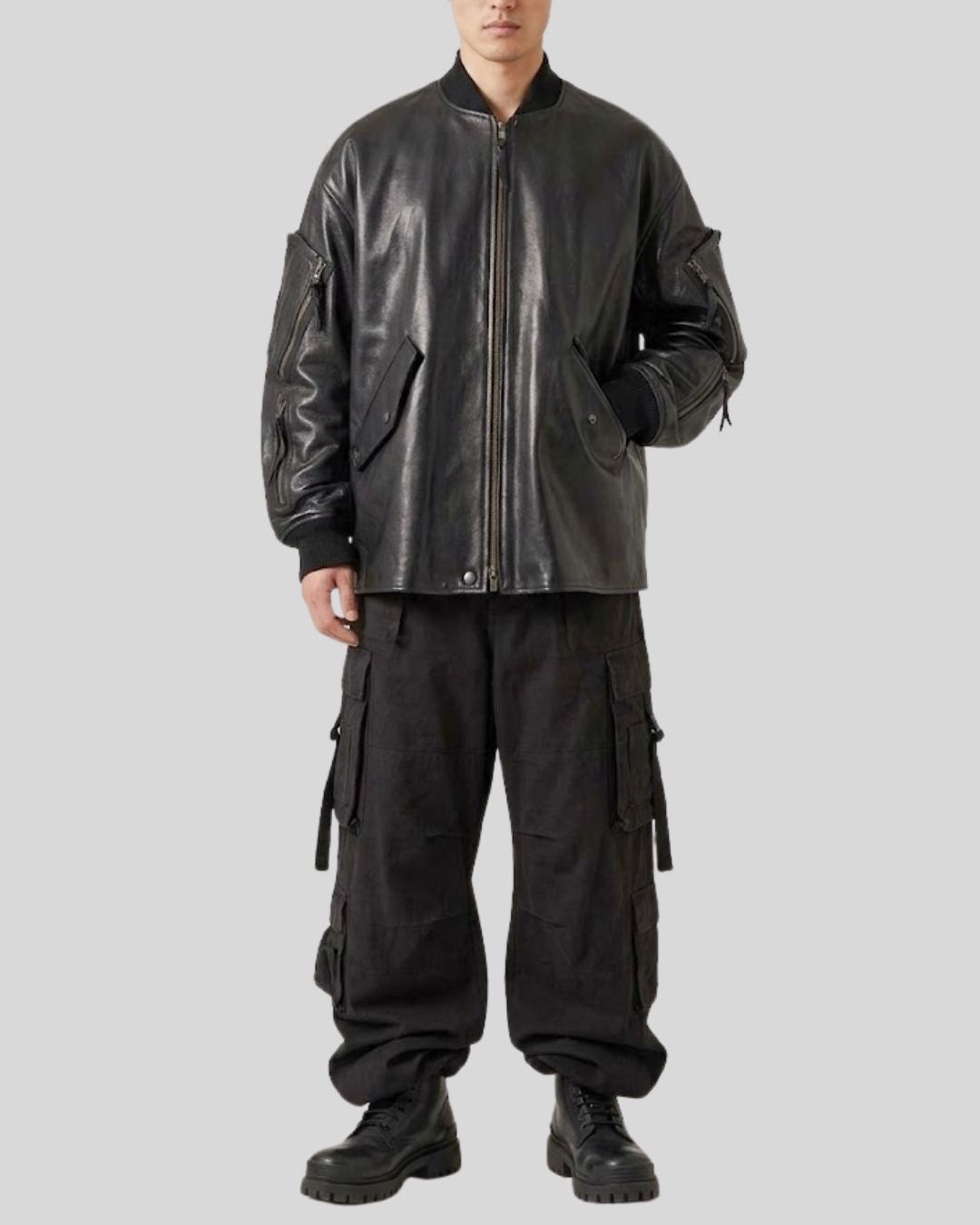 NightCore Black Oversized Leather Bomber Jacket