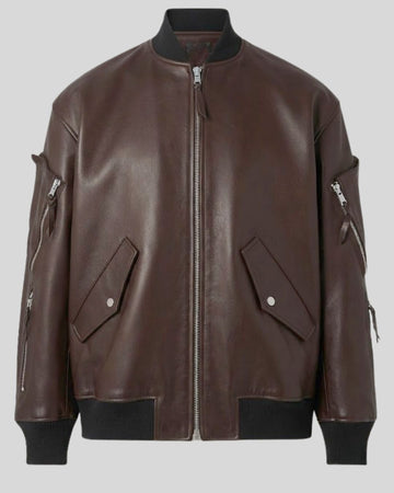 IronVale Dark Brown Oversized Leather Utility Bomber Jacket for Men