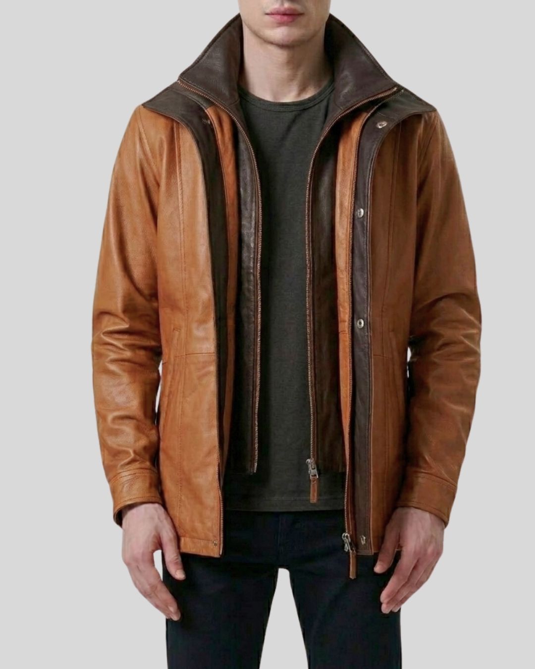 DualLayer Brown Leather Wide Collar Jacket for Men