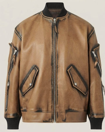 Burnished Core Tan Patina Leather Utility Bomber Jacket for Men