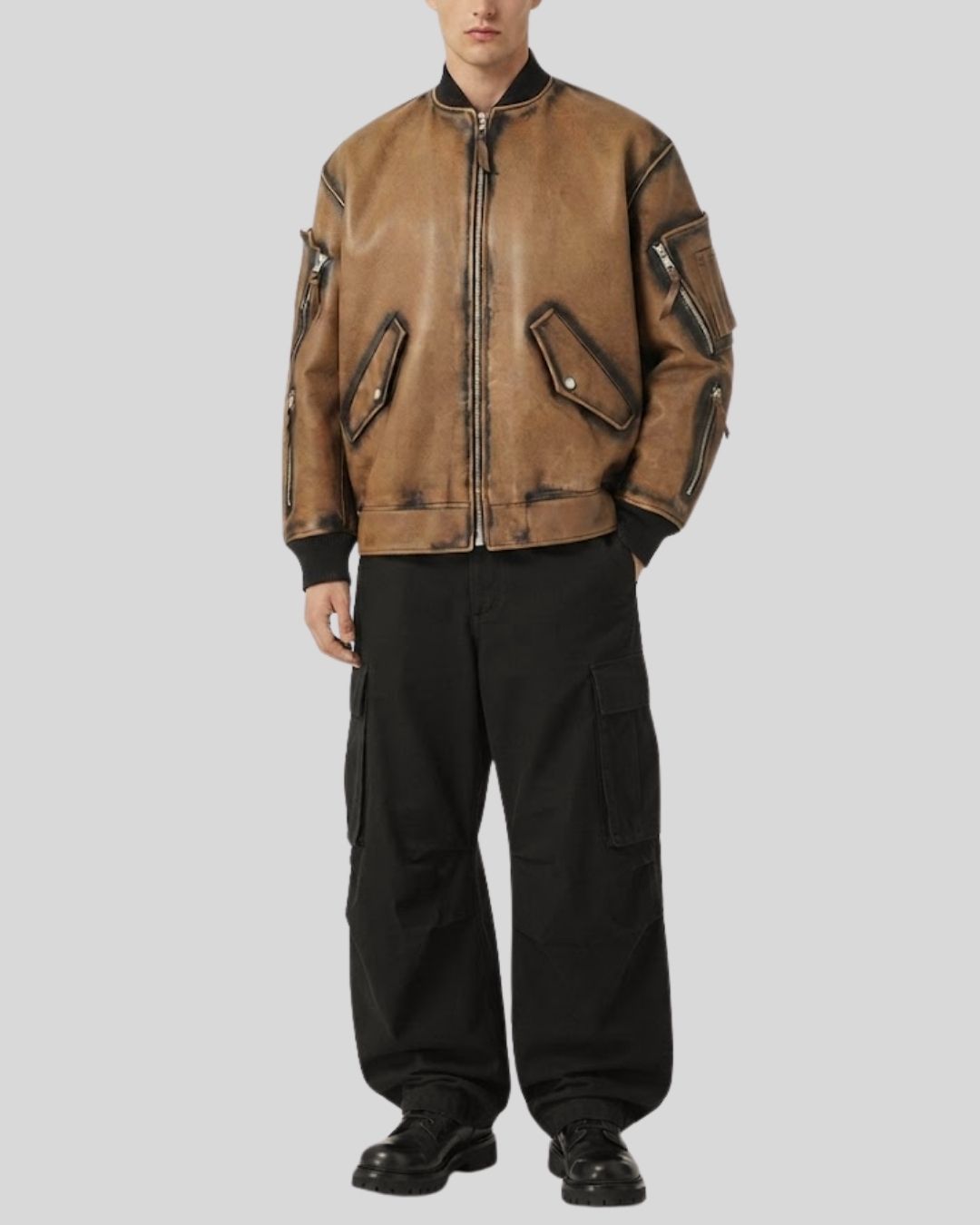 Burnished Tan Patina Leather Bomber Jacket