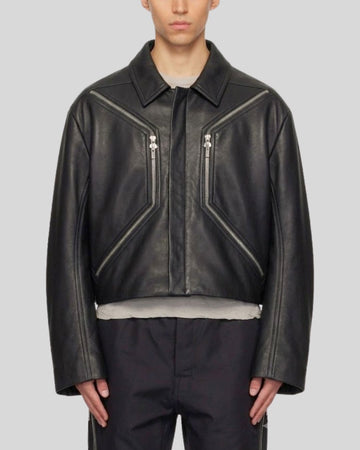 Obsidian Vector Black Cropped Leather Jacket for Men