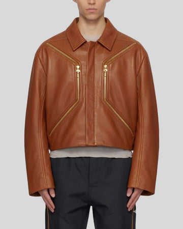 Gilded Arc Brown Cropped Leather Jacket for Men