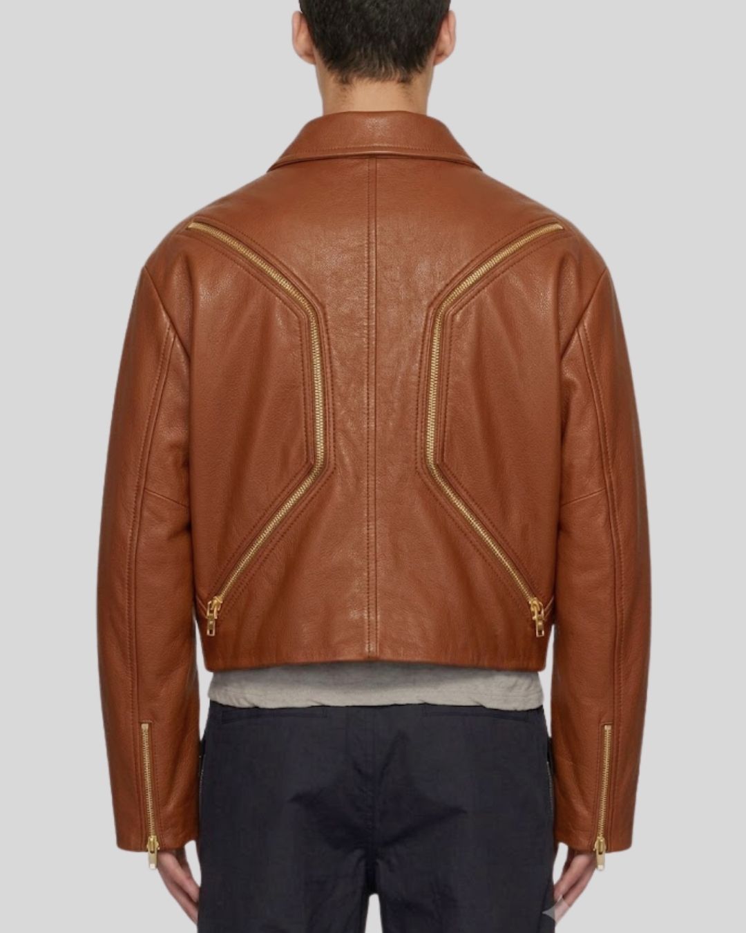 Gilded Arc Brown Cropped Leather Jacket