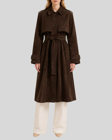 Aveline Dark Brown Suede Belted Trench Coat