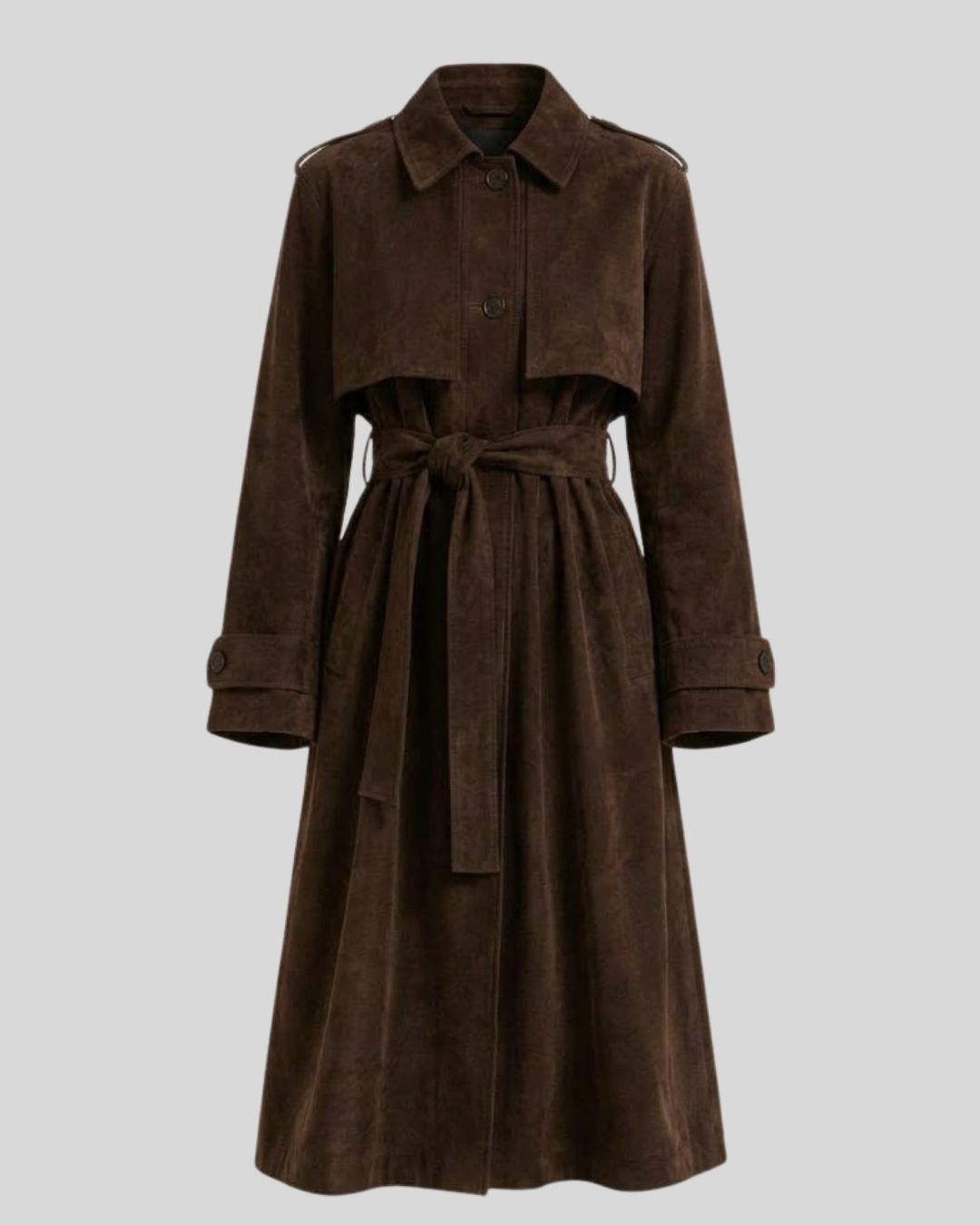 Aveline Dark Brown Suede Belted Trench Coat