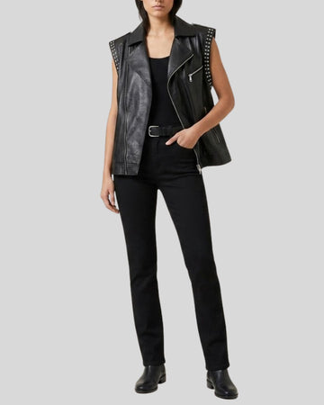 StudEdge Black Studded Leather Moto Vest for Women