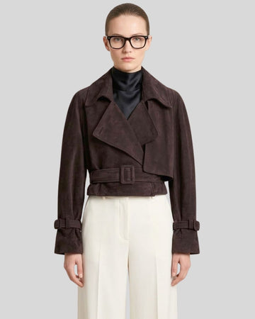 Sloane Dark Brown Suede Cropped Trench Jacket for Women