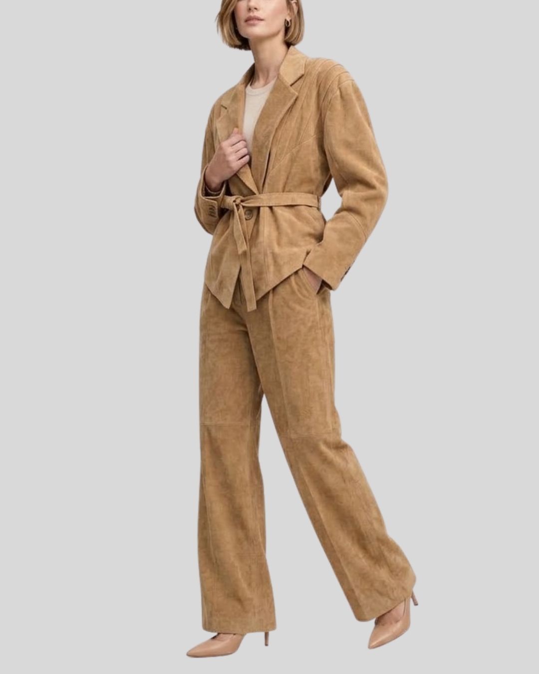 Sienna Camel Suede Belted Blazer Jacket