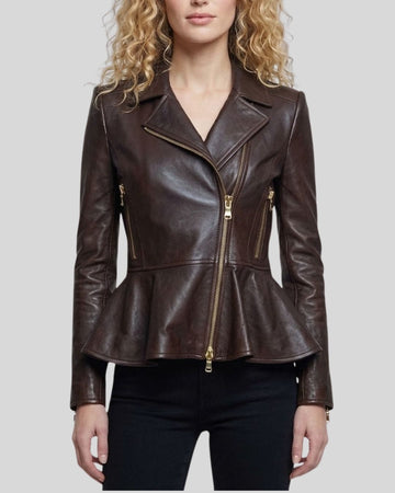 Vesper Dark Brown Leather Peplum Biker Jacket