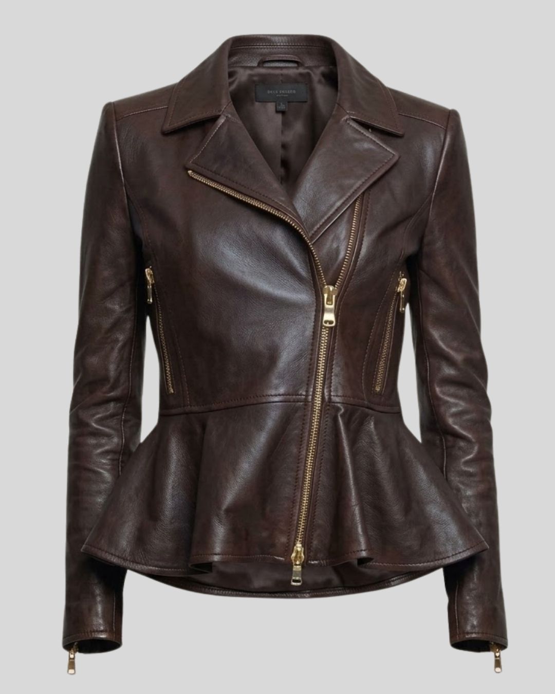 Vesper Dark Brown Leather Peplum Biker Jacket