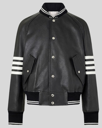 Varsity Strike Black Leather Bomber Jacket for Men