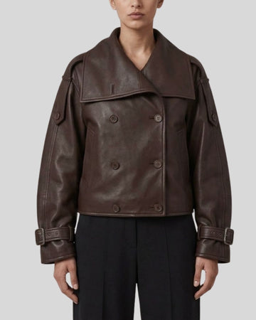 Noir Époque Dark Brown Cropped Leather Trench Jacket