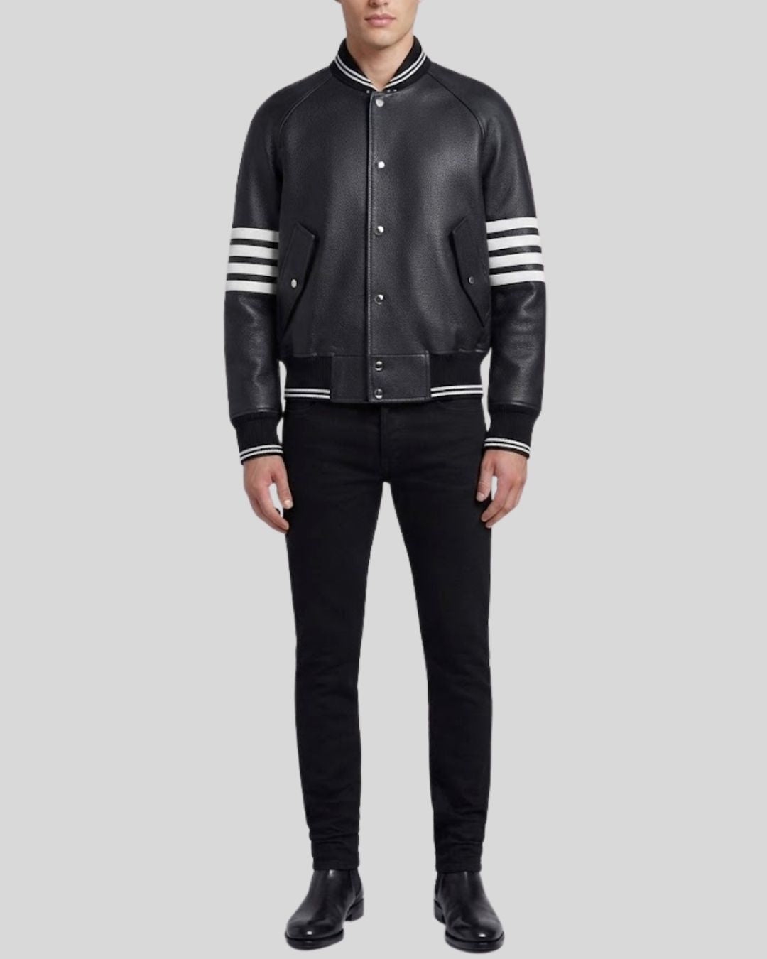 Varsity Strike Black Leather Bomber Jacket