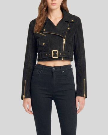 Noir Black Suede Cropped Biker Jacket for Women