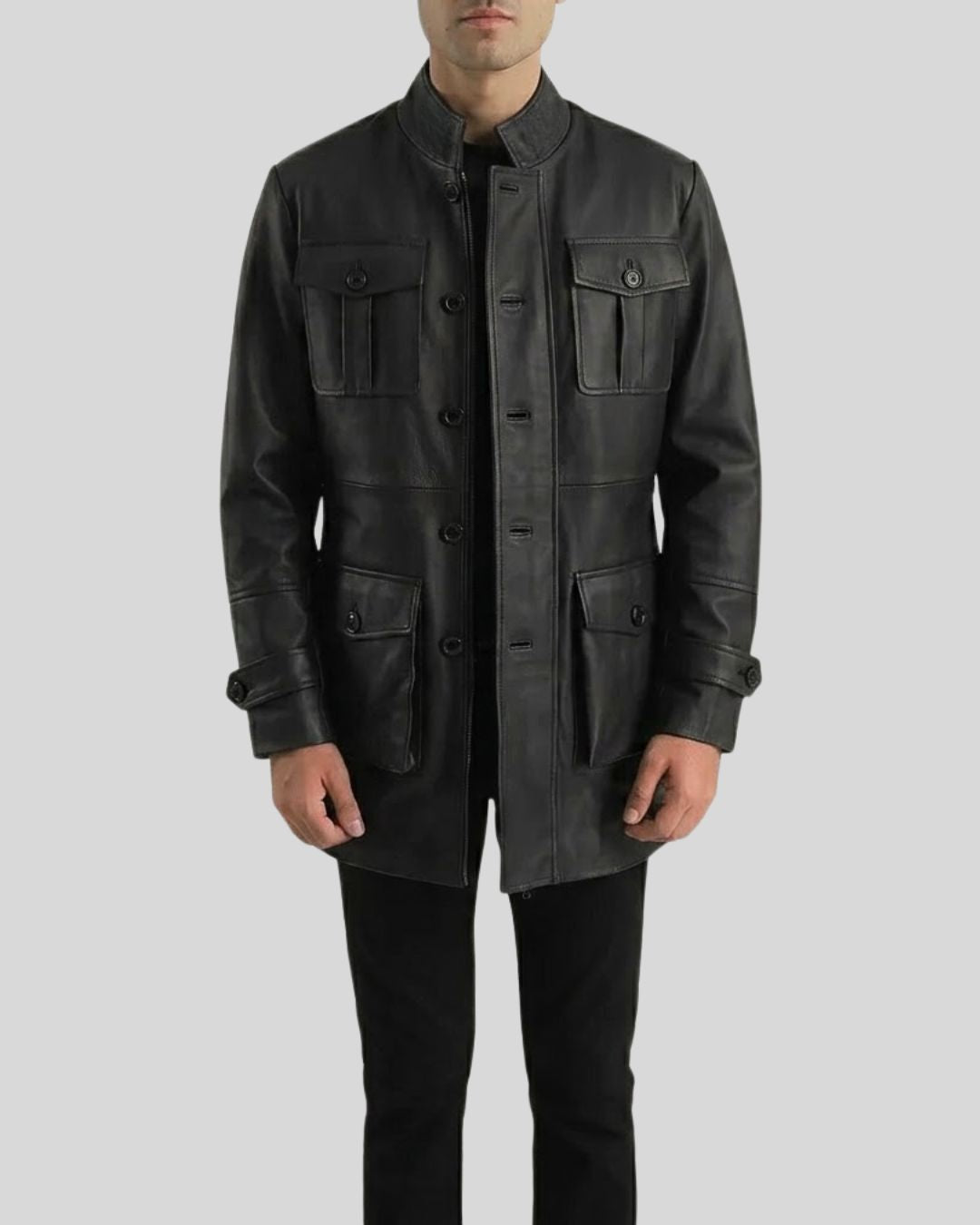 Noir Guard Black Leather Military Field Coat for Men