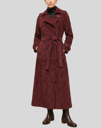 Aurelia Burgundy Suede Belted Trench Coat for Women