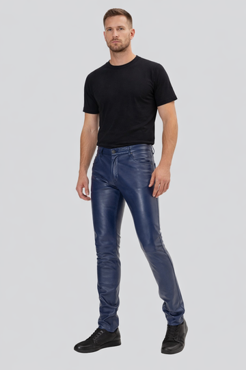 Midnight Stride Navy Blue Leather Slim Fit Pants