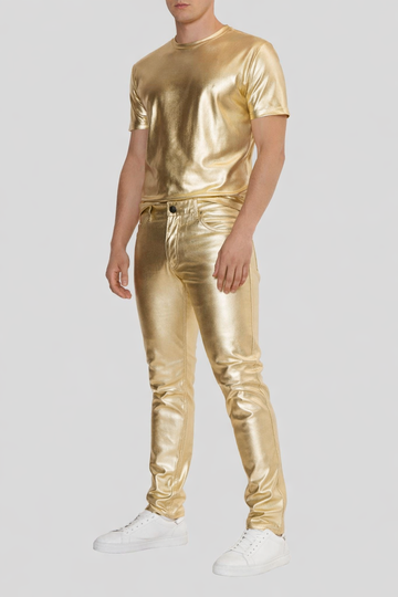 Luxe Gold Leather Straight Fit Pants For Mens