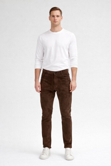 Terran Crest Dark Brown Suede Pants For Men
