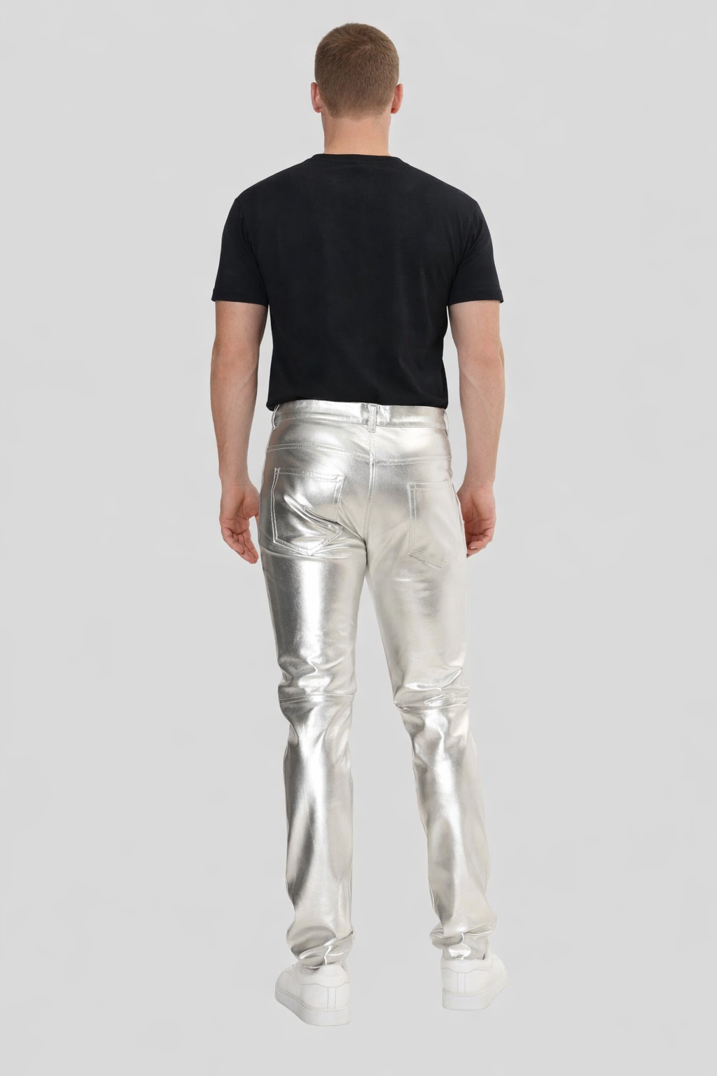 Chrome Flash Silver Leather Pants For Men