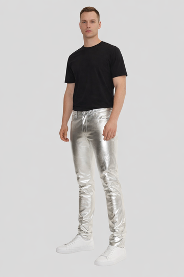 Chrome Flash Silver Leather Pants For Men