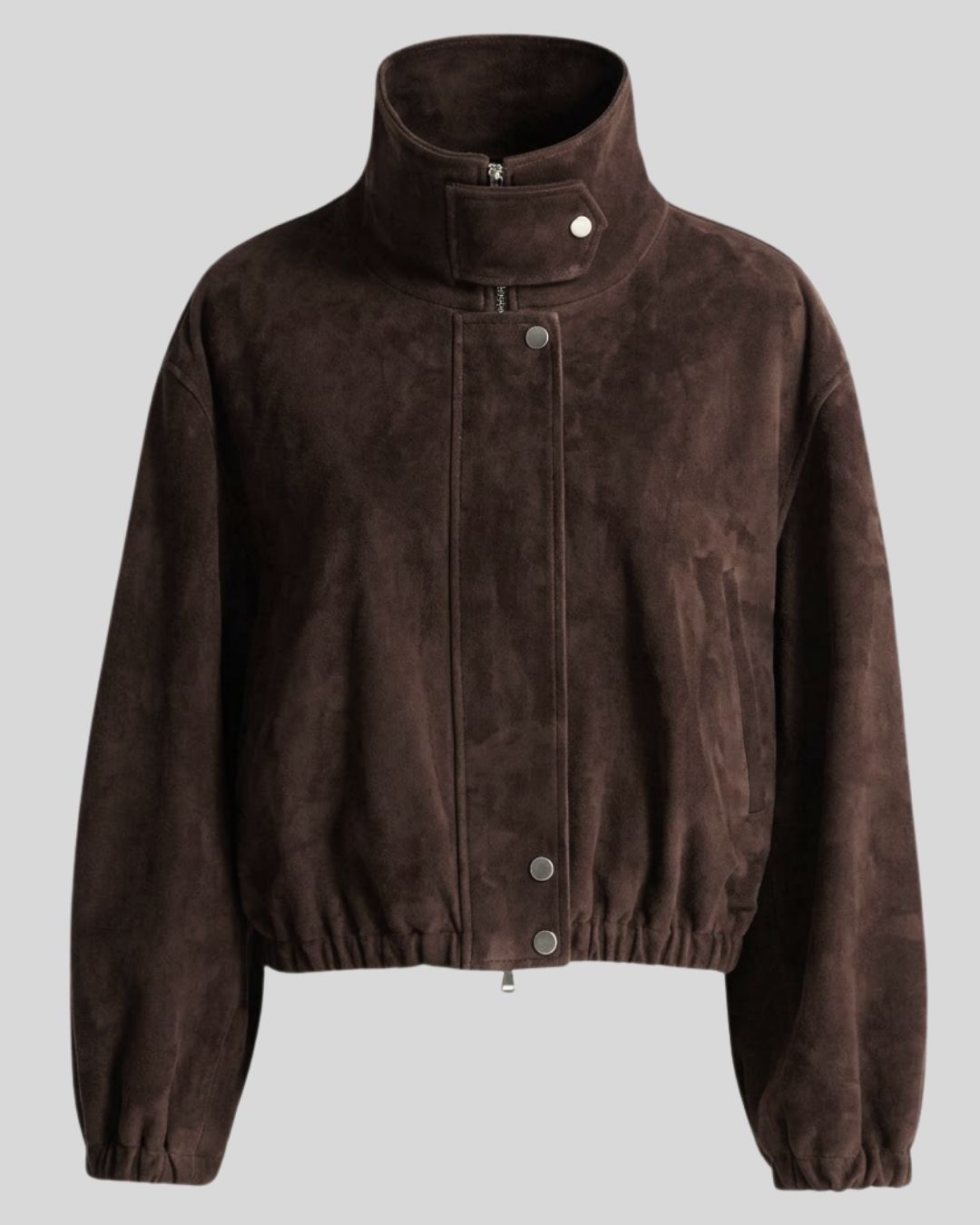 Nocturne Vale Dark Brown Cropped Suede Bomber Jacket