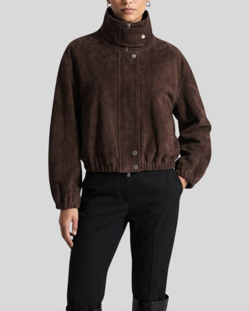 Nocturne Vale Dark Brown Cropped Suede Bomber Jacket