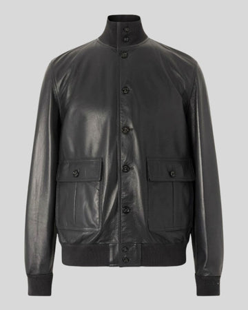 Noir Command Black Leather High Neck Bomber Jacket for Men