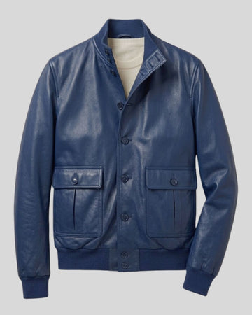 Azure Command Blue Leather High Neck Bomber Jacket for Men