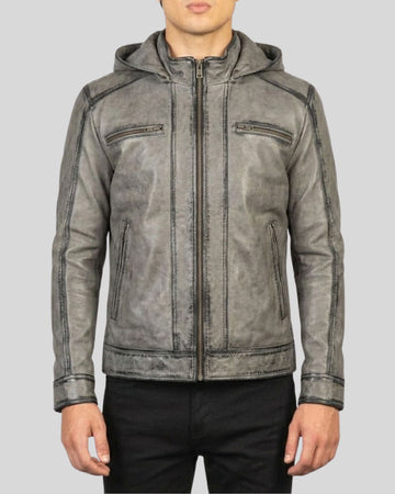 Stormline Grey Cowhide Leather Hooded Jacket for Men