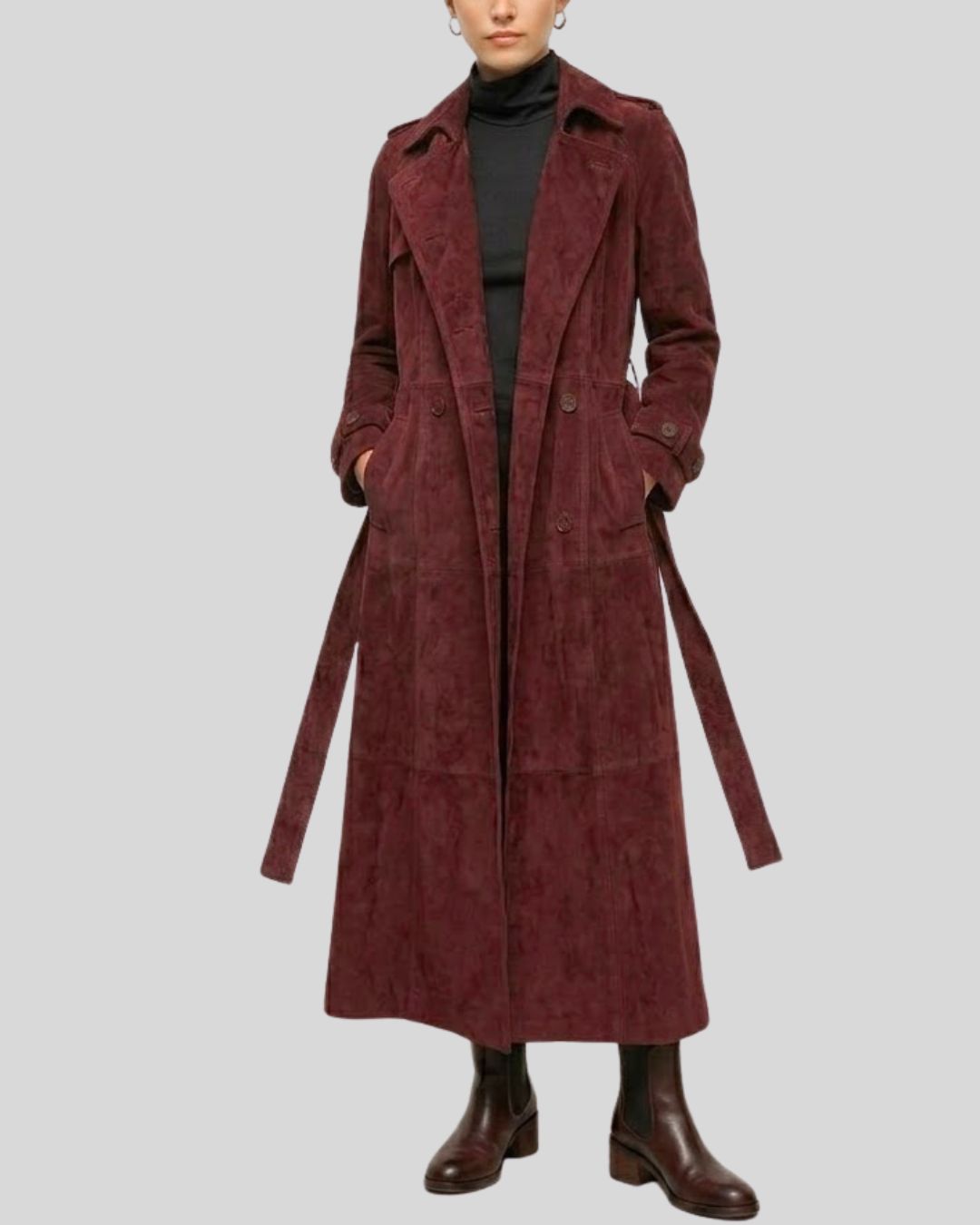 Aurelia Burgundy Suede Belted Trench Coat