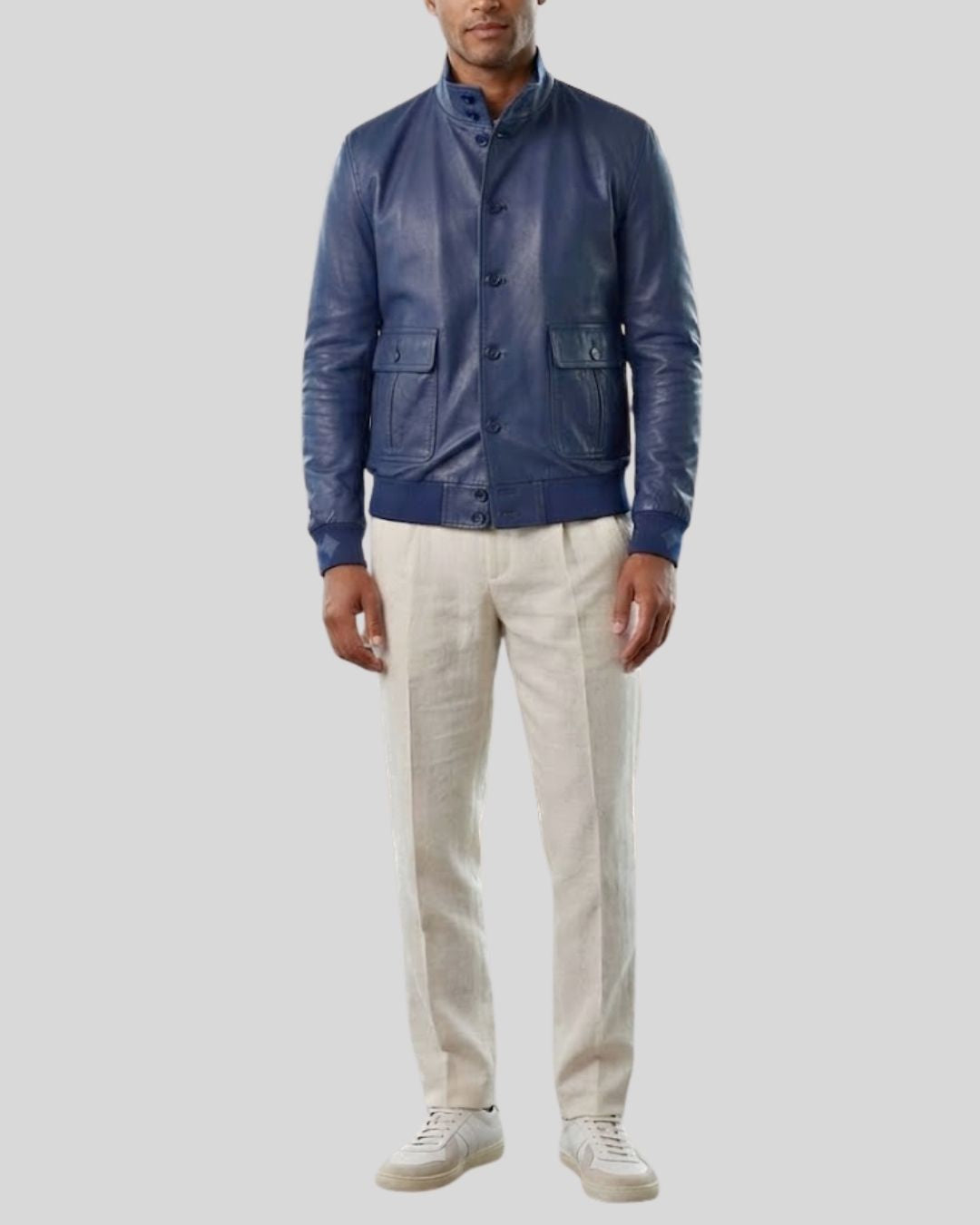 Azure Blue Leather Bomber Jacket