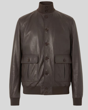 Cocoa Command Dark Brown Leather High Neck Bomber Jacket for Men