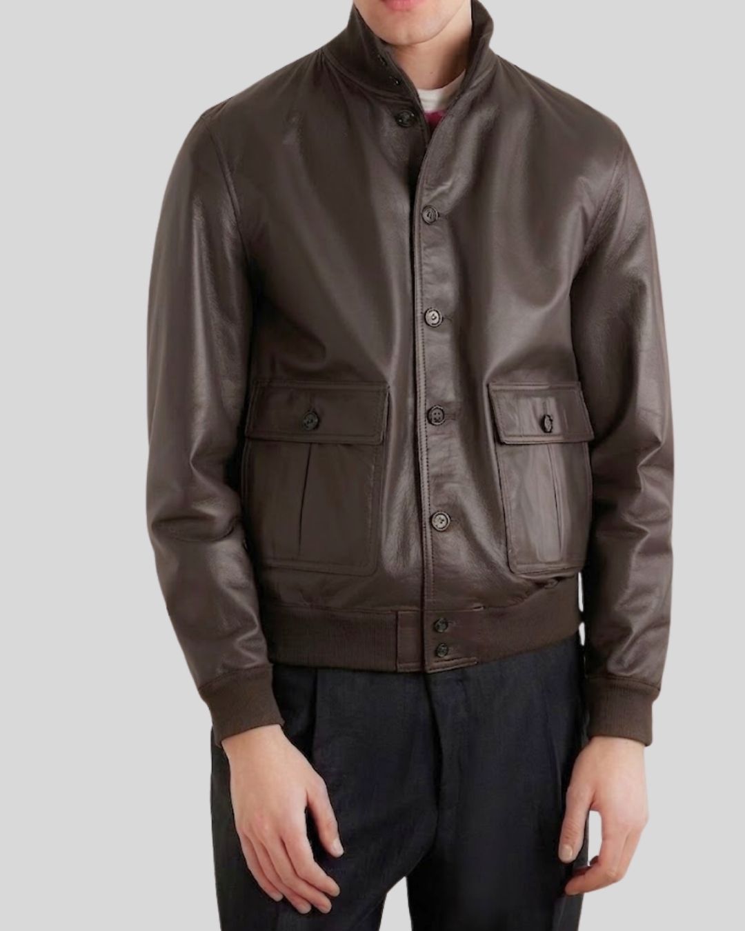 Dark Brown Leather Bomber Jacket
