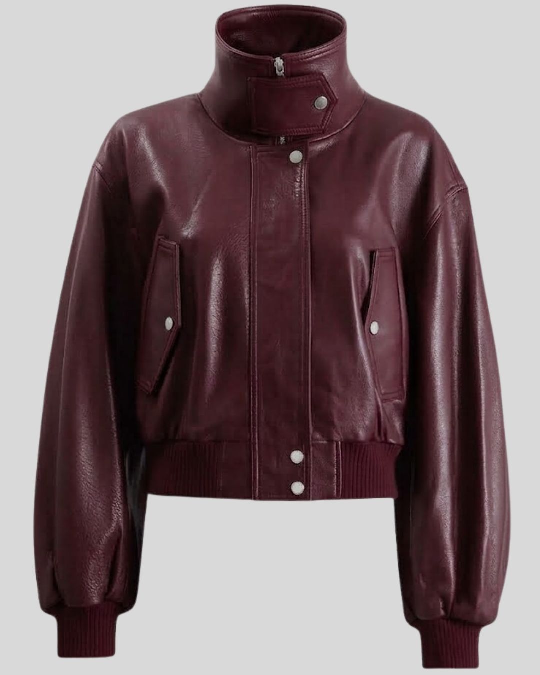 Crimson Vanguard Burgundy Cropped Leather Bomber Jacket