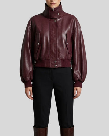 Crimson Vanguard Burgundy Cropped Leather Bomber Jacket