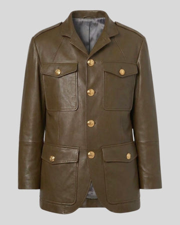 Olive Command Olive Green Leather Military Blazer for Men