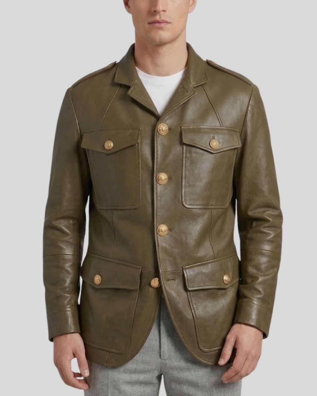 Olive Green Leather Blazer for Men
