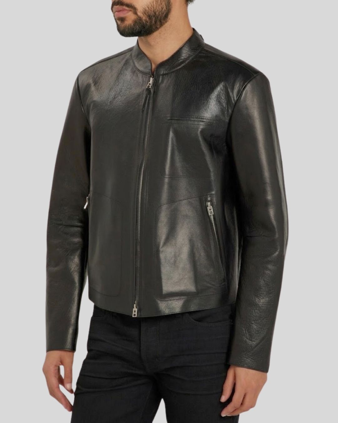 Midnight Black Leather Cafe Racer Jacket