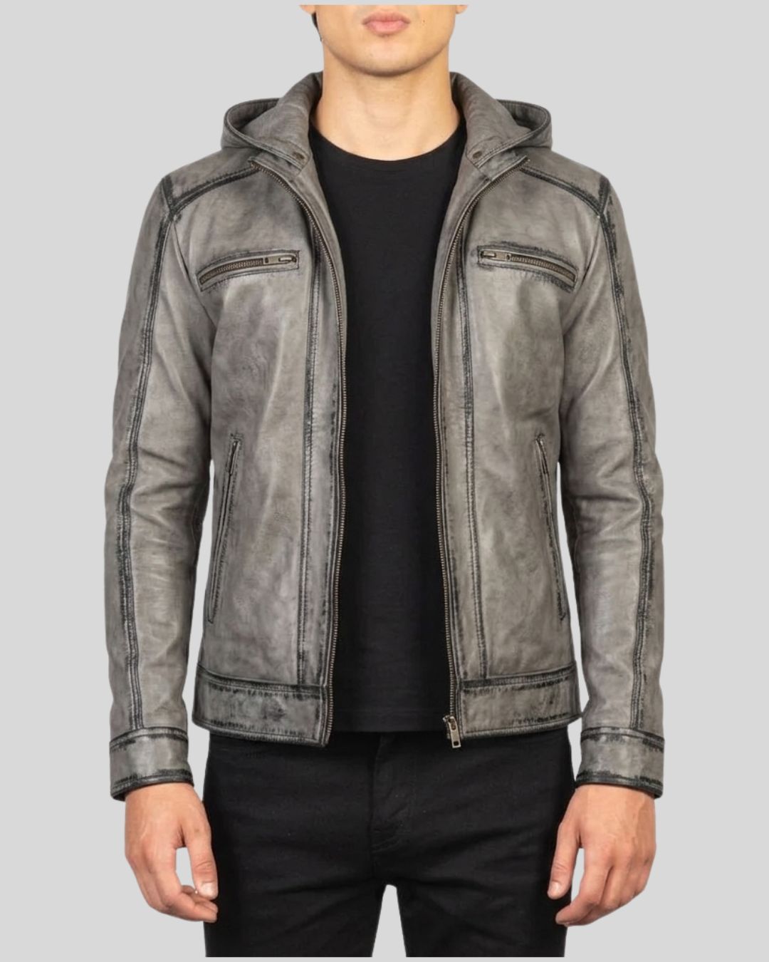 Stormline Grey Cowhide Leather Hooded Jacket for Men