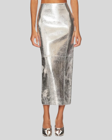 Luna Argent Metallic Silver Leather Maxi Skirt
