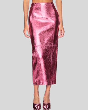 Rose Voltage Metallic Pink Leather Maxi Skirt