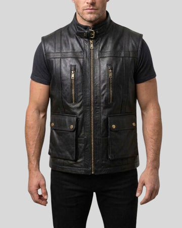 Ironcrest Black Leather Utility Vest for Men